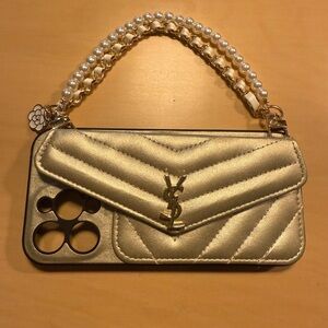 Yves Saint Laurent Metallic Gold Clutch with Pearl Chain
